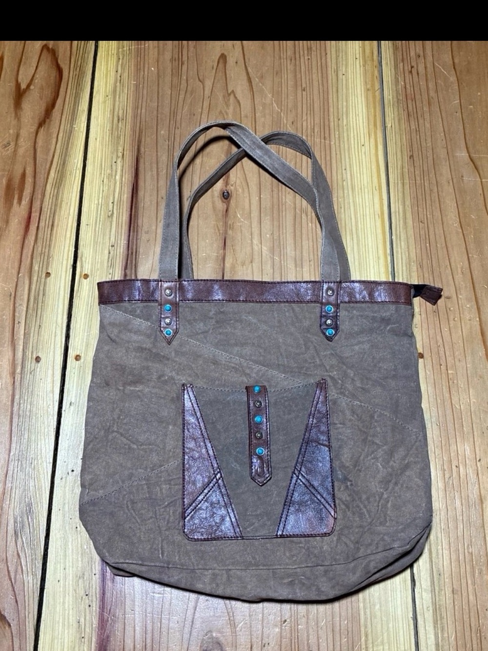 Mona B Brown Canvas Tote with Turquoise Stud Details